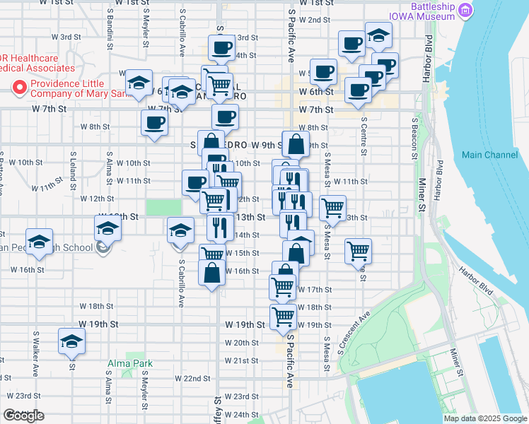 map of restaurants, bars, coffee shops, grocery stores, and more near 576 West 13th Street in Los Angeles