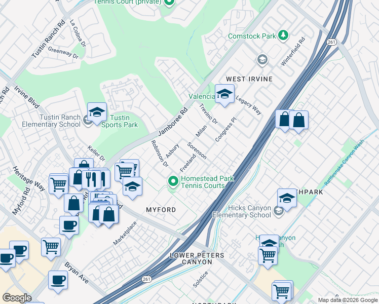 map of restaurants, bars, coffee shops, grocery stores, and more near 67 Autumn in Irvine
