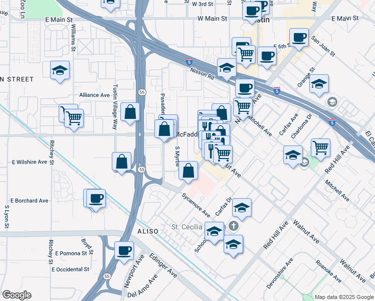 map of restaurants, bars, coffee shops, grocery stores, and more near 17220 McFadden Avenue in Tustin