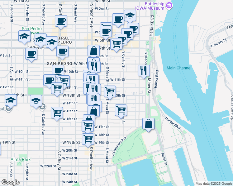 map of restaurants, bars, coffee shops, grocery stores, and more near 1325 South Centre Street in Los Angeles