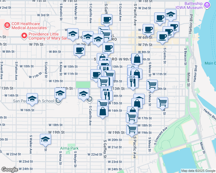 map of restaurants, bars, coffee shops, grocery stores, and more near 663 West 13th Street in Los Angeles