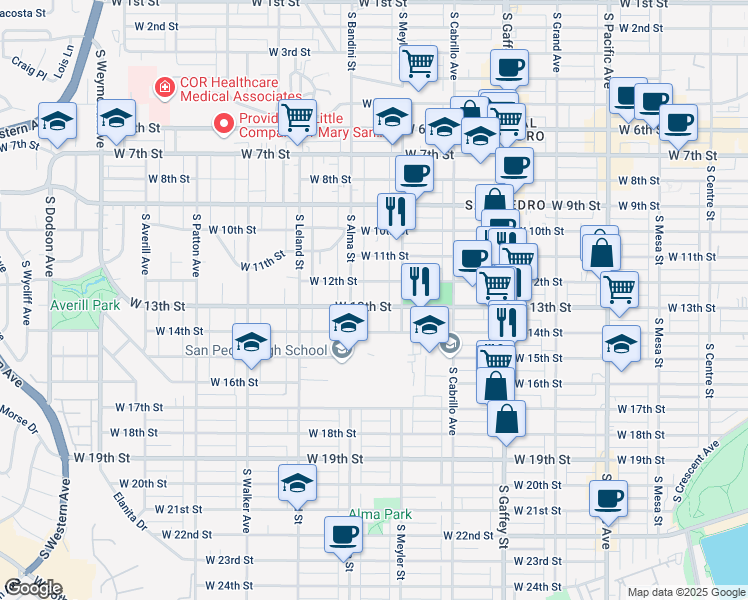 map of restaurants, bars, coffee shops, grocery stores, and more near 935 West 13th Street in Los Angeles