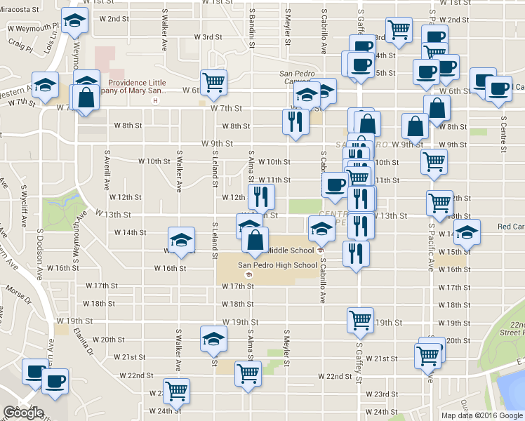 map of restaurants, bars, coffee shops, grocery stores, and more near 1318 South Alma Street in Los Angeles