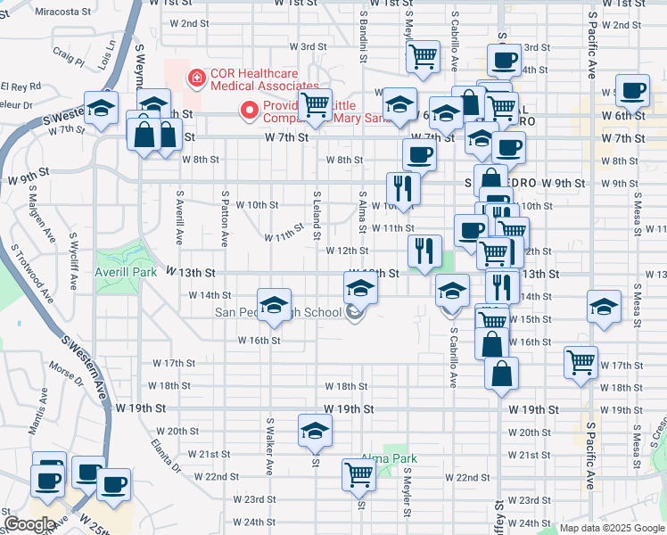 map of restaurants, bars, coffee shops, grocery stores, and more near 1073 West 13th Street in Los Angeles