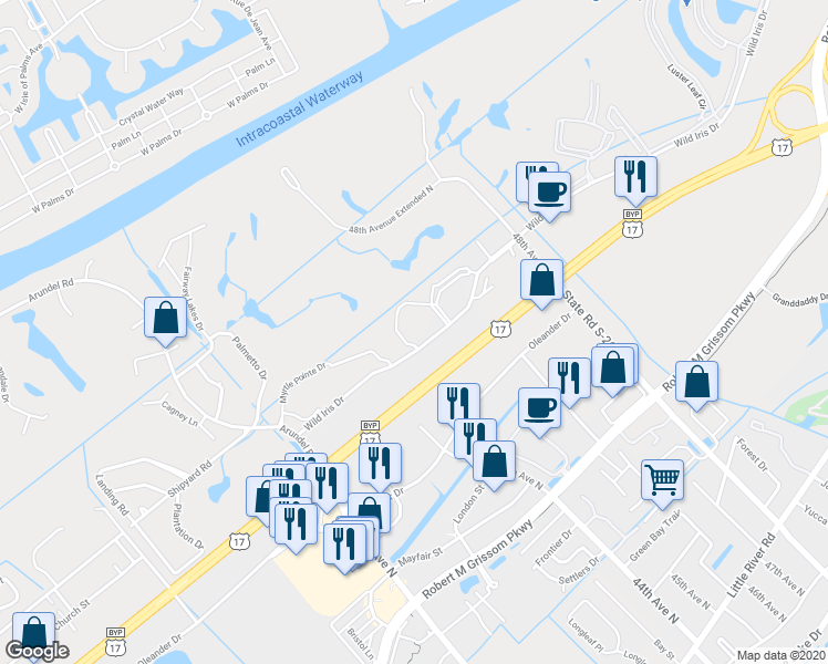 map of restaurants, bars, coffee shops, grocery stores, and more near 4694 Wild Iris Drive in Myrtle Beach