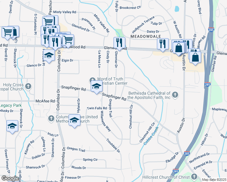 map of restaurants, bars, coffee shops, grocery stores, and more near 1975 Glenmar Drive in Decatur
