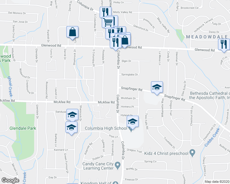 map of restaurants, bars, coffee shops, grocery stores, and more near 1973 Columbia Drive in Decatur