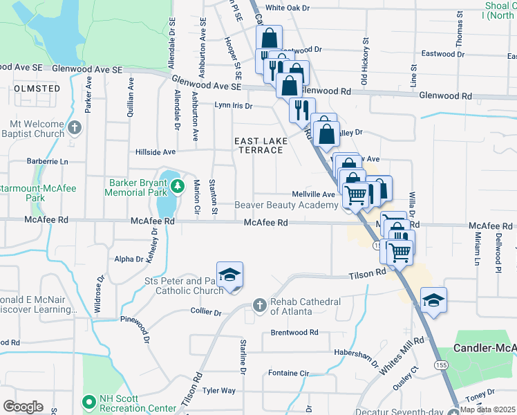 map of restaurants, bars, coffee shops, grocery stores, and more near 2452 McAfee Road in Decatur