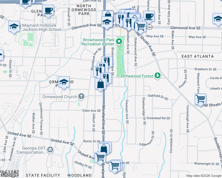 map of restaurants, bars, coffee shops, grocery stores, and more near 844 Brownwood Avenue Southeast in Atlanta