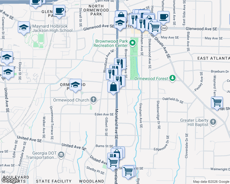 map of restaurants, bars, coffee shops, grocery stores, and more near in Atlanta