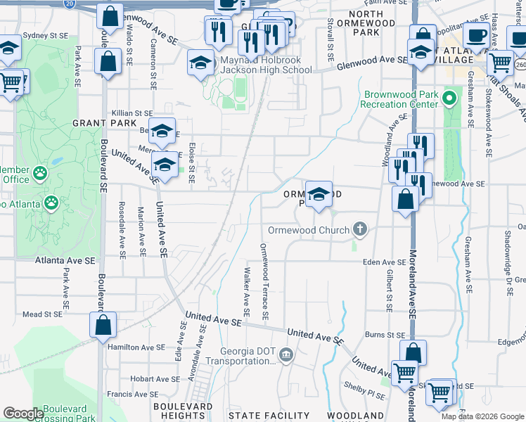 map of restaurants, bars, coffee shops, grocery stores, and more near 842 Ormewood Terrace Southeast in Atlanta