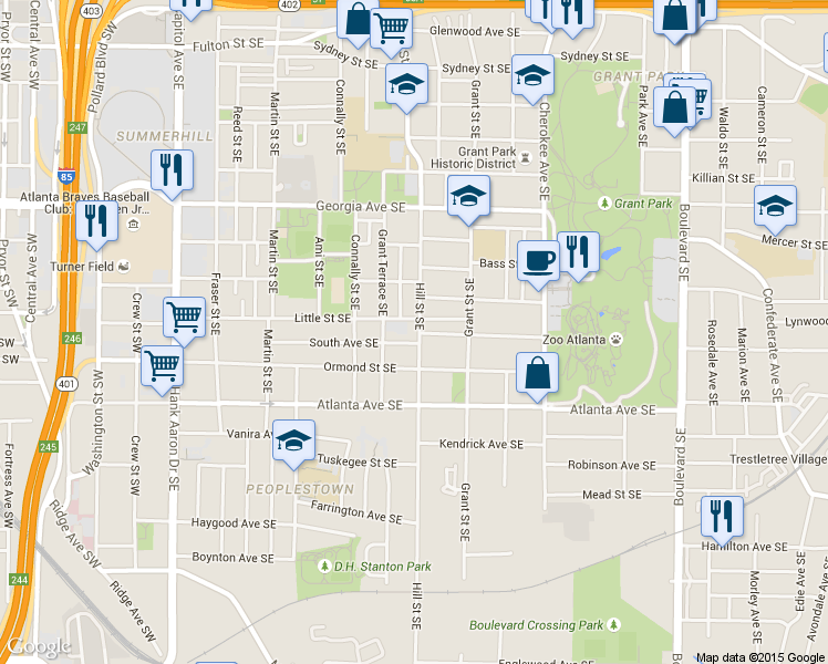 map of restaurants, bars, coffee shops, grocery stores, and more near in Atlanta