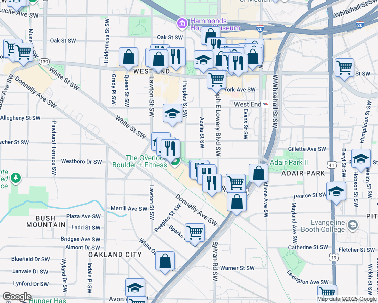map of restaurants, bars, coffee shops, grocery stores, and more near 975 White Street Southwest in Atlanta