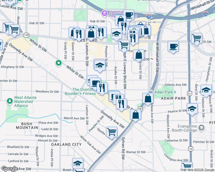 map of restaurants, bars, coffee shops, grocery stores, and more near 975 White Street Southwest in Atlanta