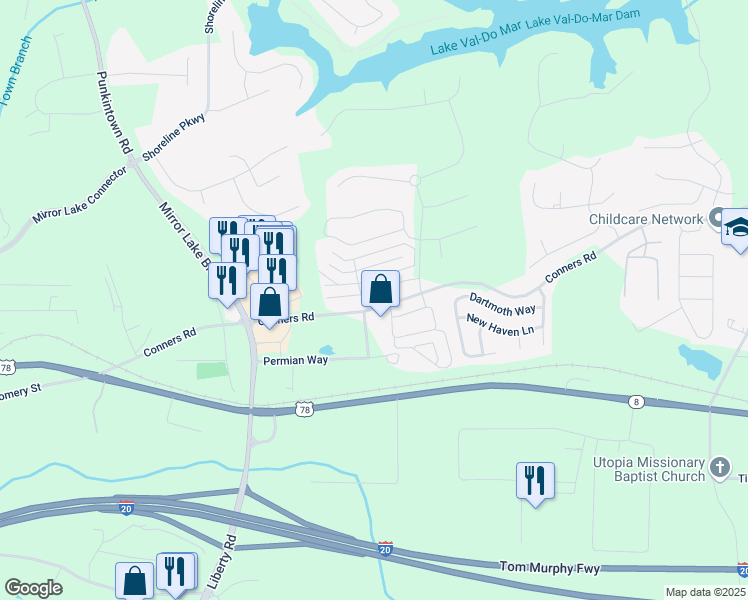 map of restaurants, bars, coffee shops, grocery stores, and more near 2752 Nautical Way in Villa Rica