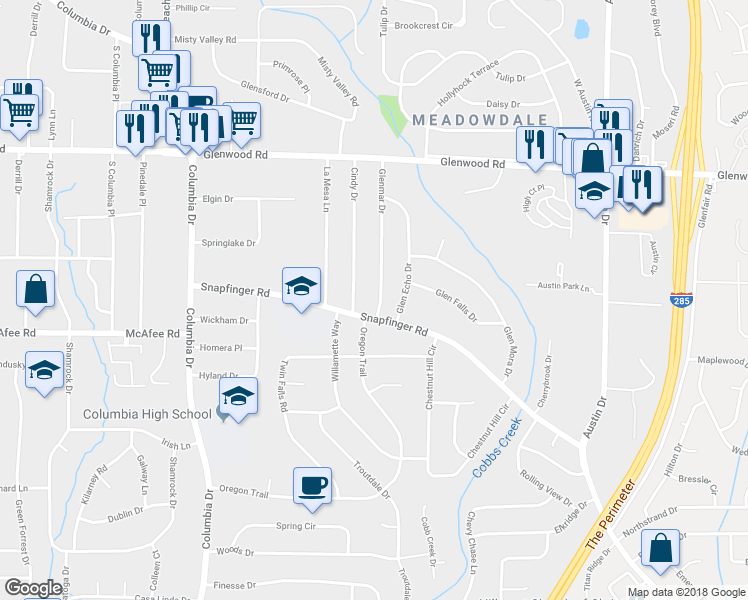 map of restaurants, bars, coffee shops, grocery stores, and more near 1975 Glenmar Drive in Decatur
