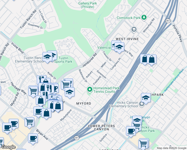 map of restaurants, bars, coffee shops, grocery stores, and more near 28 Granada in Irvine