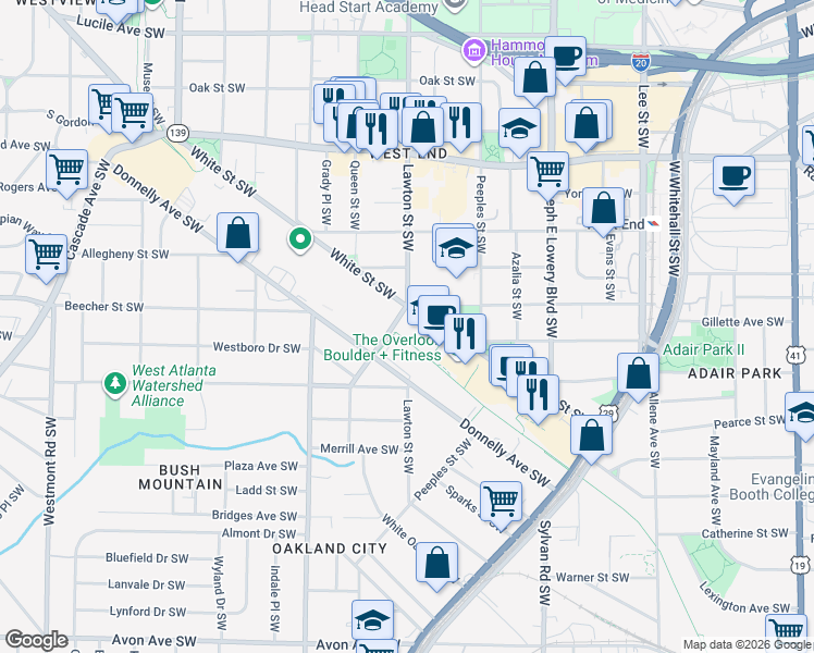 map of restaurants, bars, coffee shops, grocery stores, and more near 1070 White Street Southwest in Atlanta