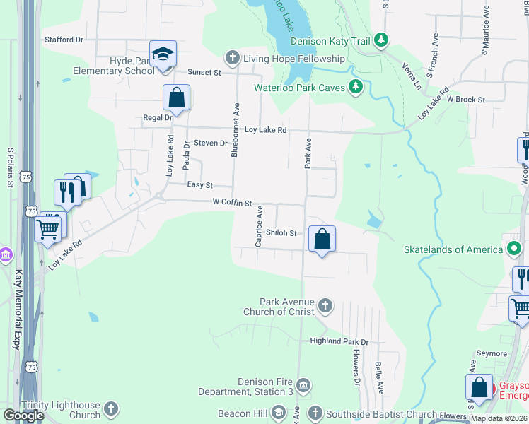 map of restaurants, bars, coffee shops, grocery stores, and more near 2411 Caprice Avenue in Denison