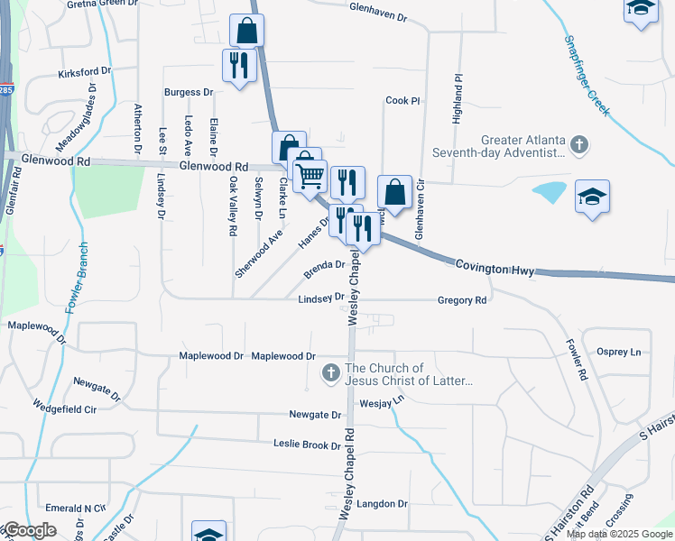 map of restaurants, bars, coffee shops, grocery stores, and more near 4173 Brenda Drive in Decatur