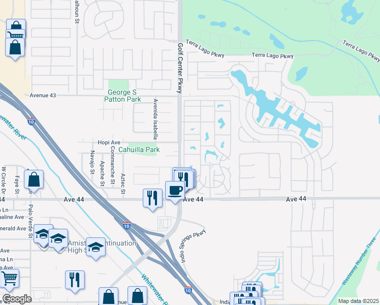 map of restaurants, bars, coffee shops, grocery stores, and more near 84136 Avenue 44 in Indio