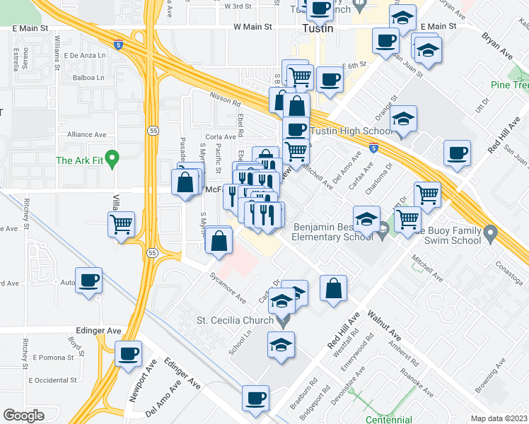 map of restaurants, bars, coffee shops, grocery stores, and more near 14460 Newport Avenue in Tustin