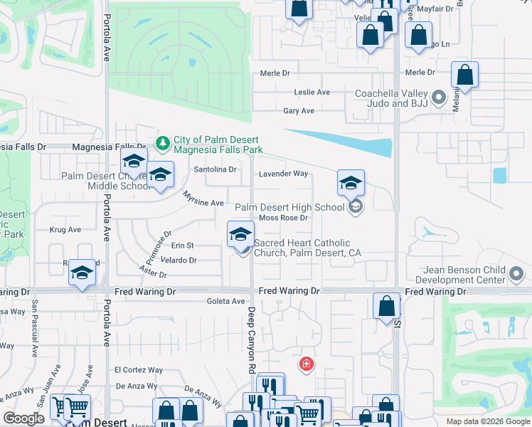 map of restaurants, bars, coffee shops, grocery stores, and more near 74530 Moss Rose Drive in Palm Desert