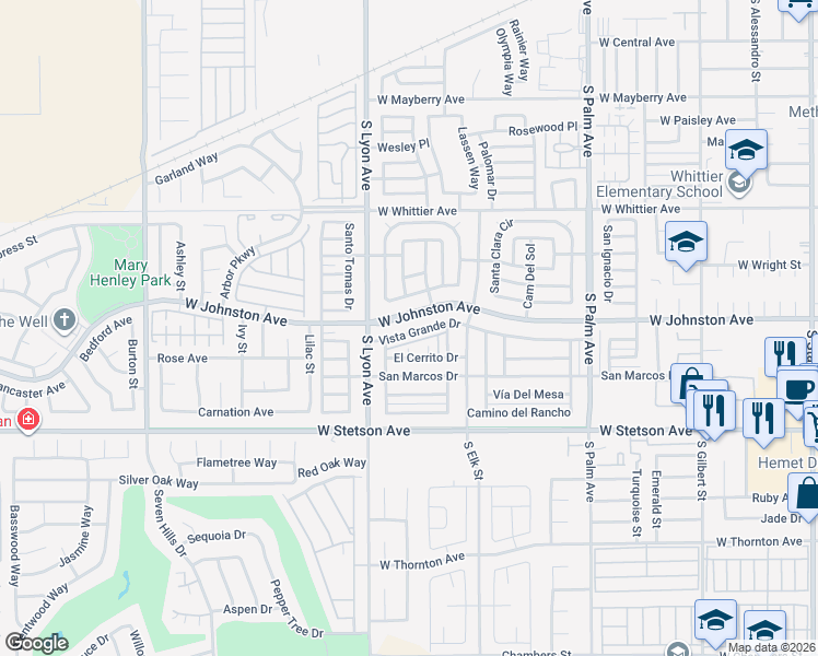 map of restaurants, bars, coffee shops, grocery stores, and more near 1640 El Cerrito Drive in Hemet