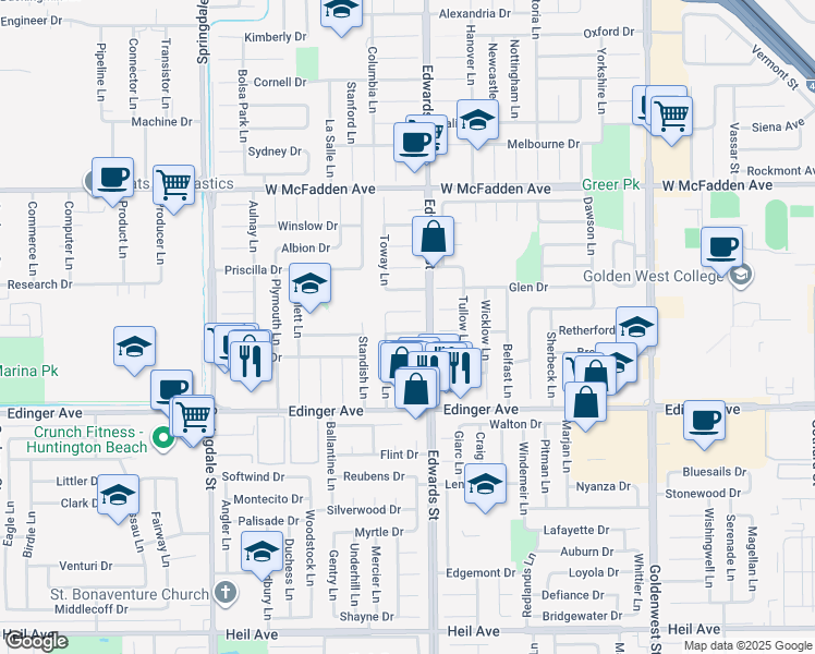 map of restaurants, bars, coffee shops, grocery stores, and more near 6391 Longford Circle in Huntington Beach