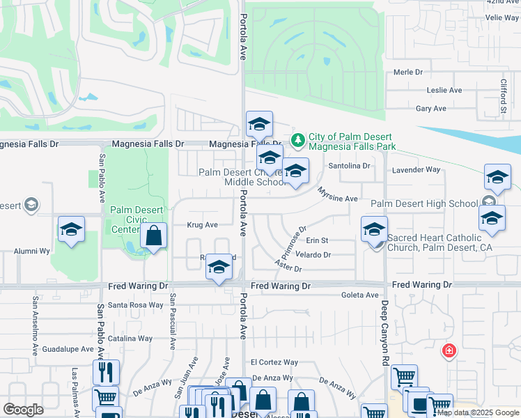 map of restaurants, bars, coffee shops, grocery stores, and more near 74060 Desert Star Boulevard in Palm Desert