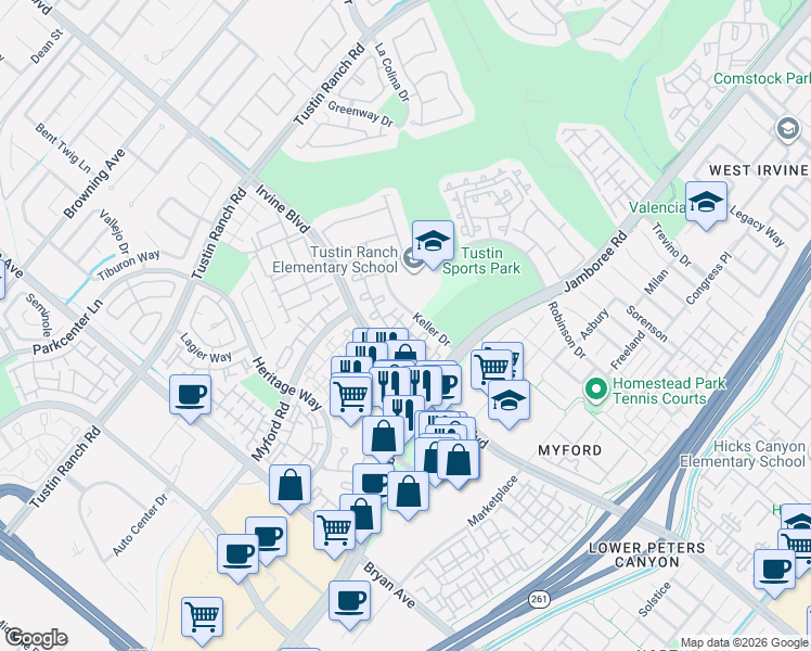 map of restaurants, bars, coffee shops, grocery stores, and more near 2800 Keller Drive in Tustin