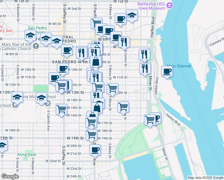 map of restaurants, bars, coffee shops, grocery stores, and more near 1224 South Mesa Street in Los Angeles