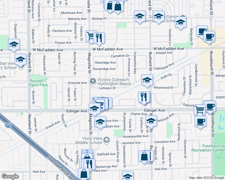 map of restaurants, bars, coffee shops, grocery stores, and more near 15862 Rose Lane in Westminster