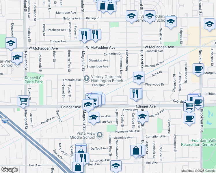map of restaurants, bars, coffee shops, grocery stores, and more near 9230 Larkspur Drive in Westminster