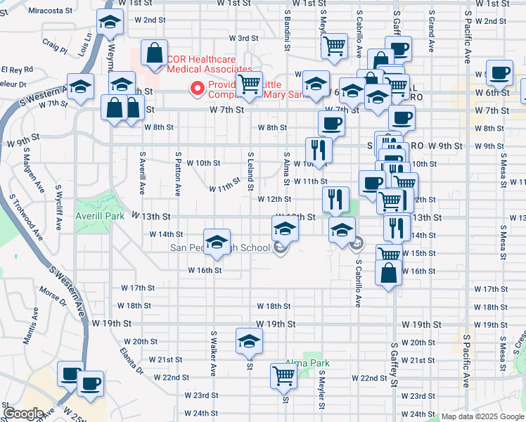 map of restaurants, bars, coffee shops, grocery stores, and more near 1062 West 13th Street in Los Angeles