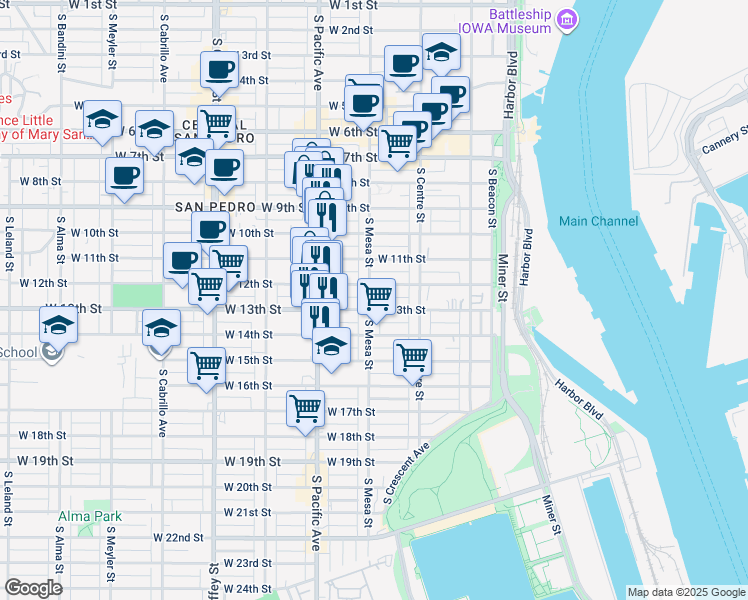 map of restaurants, bars, coffee shops, grocery stores, and more near 1224 South Mesa Street in Los Angeles