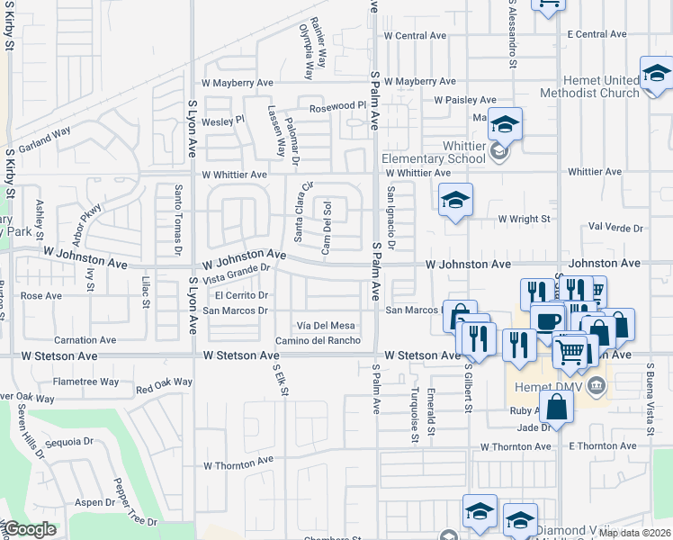 map of restaurants, bars, coffee shops, grocery stores, and more near 1053 West Johnston Avenue in Hemet