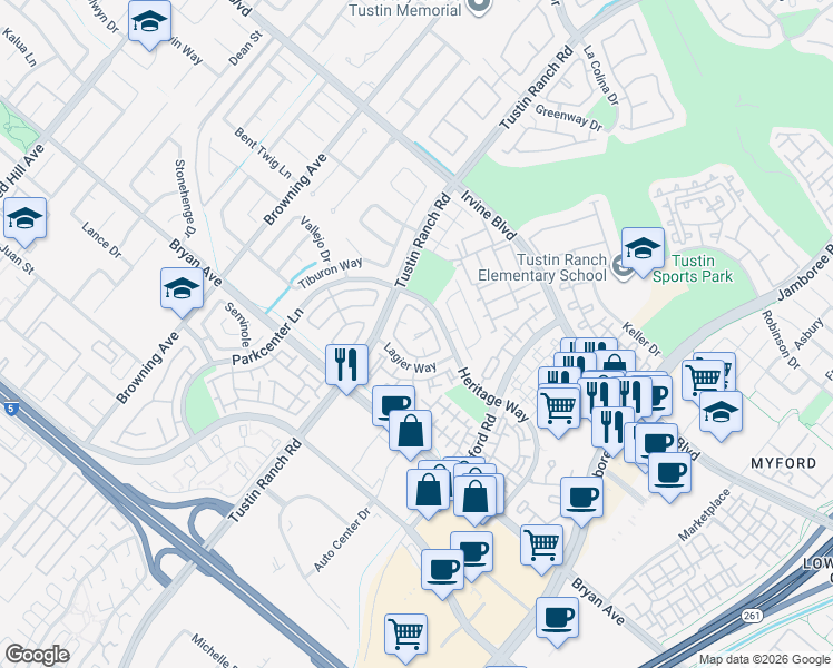 map of restaurants, bars, coffee shops, grocery stores, and more near 2428 Paseo Circulo in Tustin