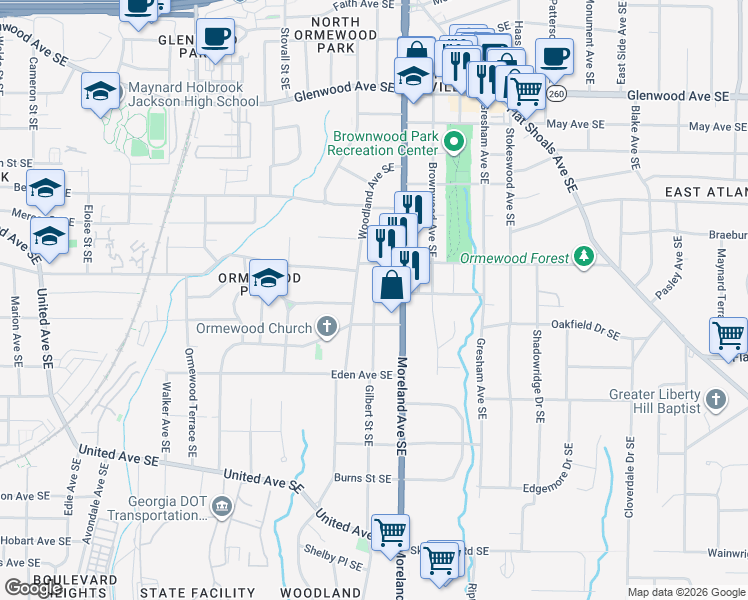 map of restaurants, bars, coffee shops, grocery stores, and more near 760 Woodland Avenue Southeast in Atlanta