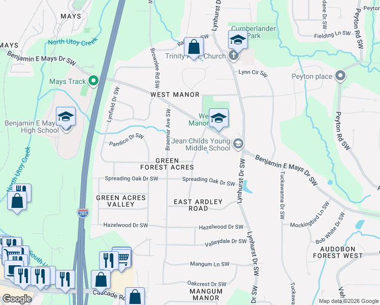 map of restaurants, bars, coffee shops, grocery stores, and more near 3216 Hollydale Drive Southwest in Atlanta