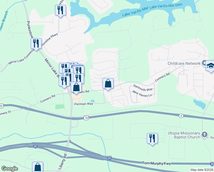 map of restaurants, bars, coffee shops, grocery stores, and more near 2754 Nautical Way in Villa Rica