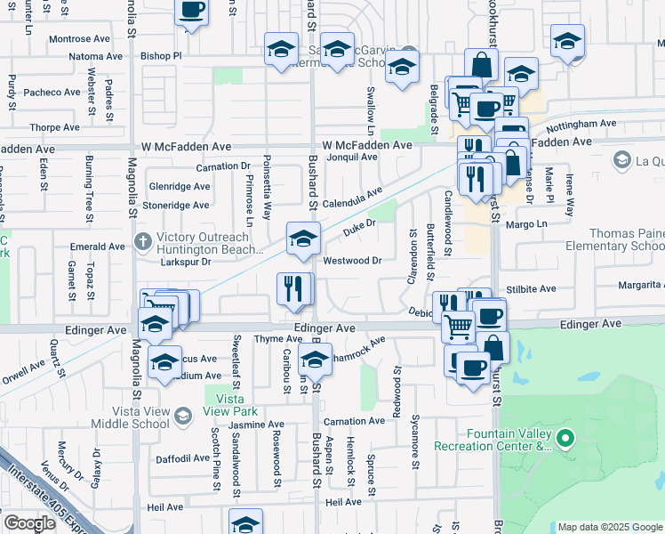 map of restaurants, bars, coffee shops, grocery stores, and more near 15781 Empire Lane in Westminster
