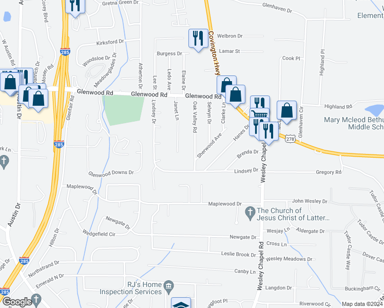 map of restaurants, bars, coffee shops, grocery stores, and more near 1963 Oak Valley Road in Decatur