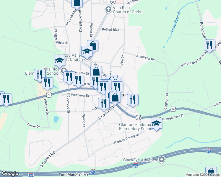 map of restaurants, bars, coffee shops, grocery stores, and more near 299 Temple Street in Villa Rica
