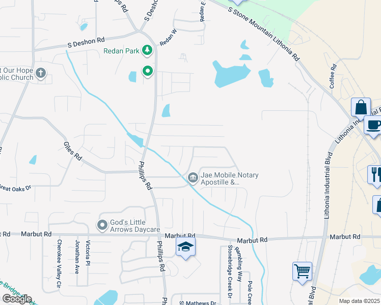 map of restaurants, bars, coffee shops, grocery stores, and more near 6613 Eastbriar Drive in Lithonia