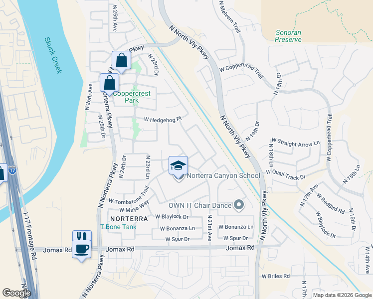 map of restaurants, bars, coffee shops, grocery stores, and more near 27413 North Covered Wagon Road in Phoenix