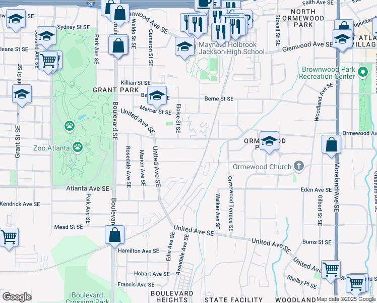 map of restaurants, bars, coffee shops, grocery stores, and more near 779 Lynwood Street Southeast in Atlanta