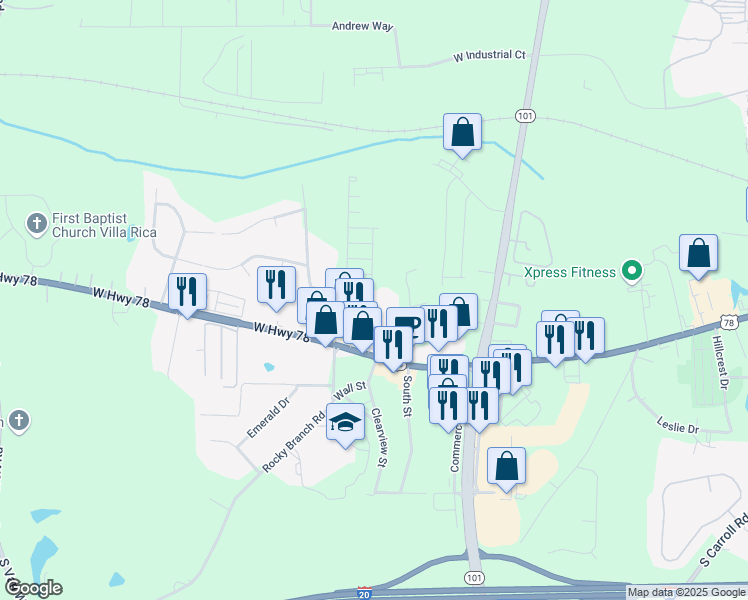 map of restaurants, bars, coffee shops, grocery stores, and more near 961 West Bankhead Highway in Carrollton