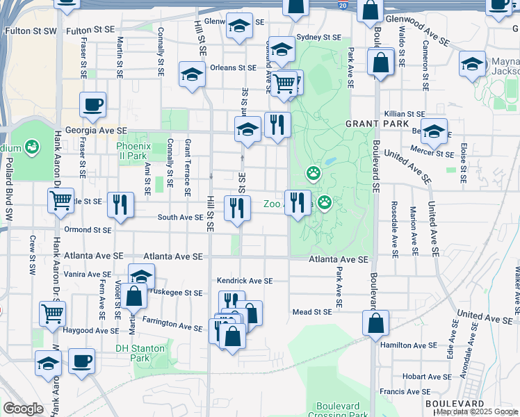 map of restaurants, bars, coffee shops, grocery stores, and more near 378 Grant Park Place Southeast in Atlanta