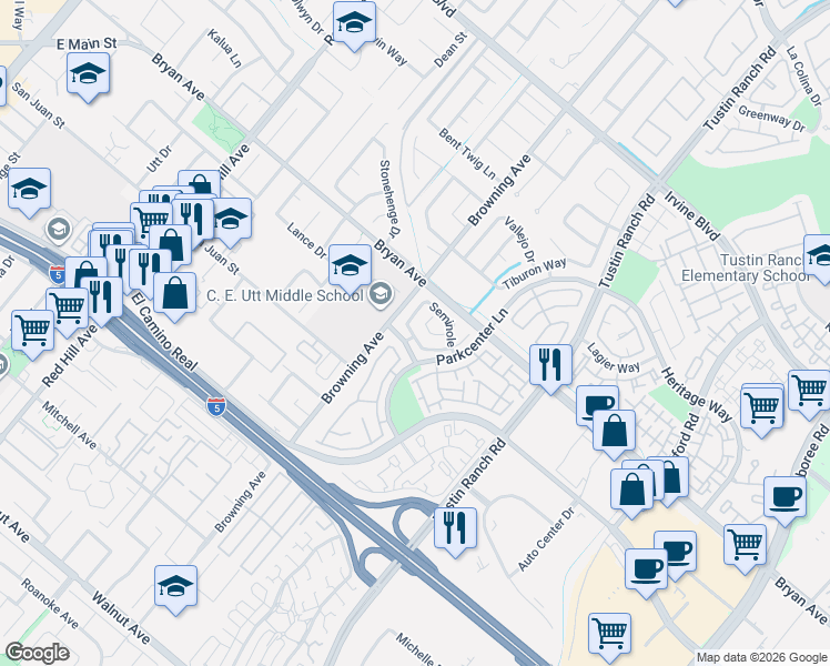 map of restaurants, bars, coffee shops, grocery stores, and more near 13571 Pueblo in Tustin